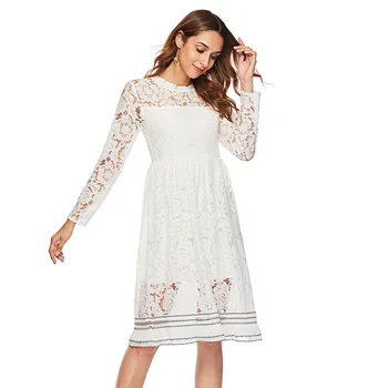 

Elegant Floral Lace Cocktail Dresses Long Sleeve Draped See-Through Knee-Length Short Formal Party Gowns Robe Coktail Femme 2020