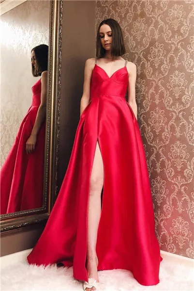 Длинные вечерние платья с карманами Robe De Soiree атласные вечерние платья с бисером торжественное платье - Цвет: as picture