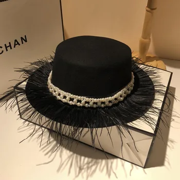 

Women Wool Felt Hats Pearl Ostrich Feather Black Wide Brim Fedoras Wedding Dinner Party Church Hats Elegant Fedora Hat