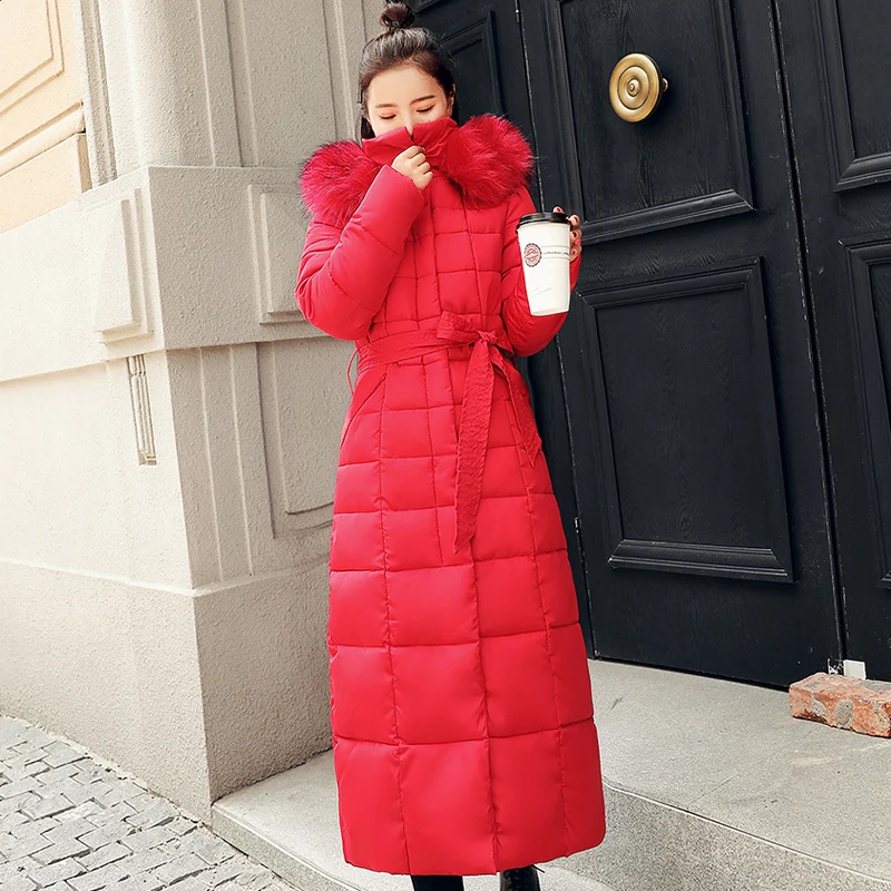 25 градусов зимняя модная женская теплая куртка X-long parkas тонкий с поясом толстый меховой воротник с капюшоном Женская парка куртка из синтепона - Цвет: red