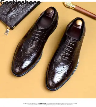 

Italy Style Luxury Men Shoes Cow Leather Black Brown Brogue Oxfords Crocodile Skin And Ostrich Skin Printed Dress Formal Shoes
