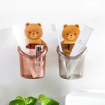 

Bathroom Accessories Toothpaste Toothbrush Holder Strong Paste Wall-mounted Cute Bear Bathroom Organizer Storage Box