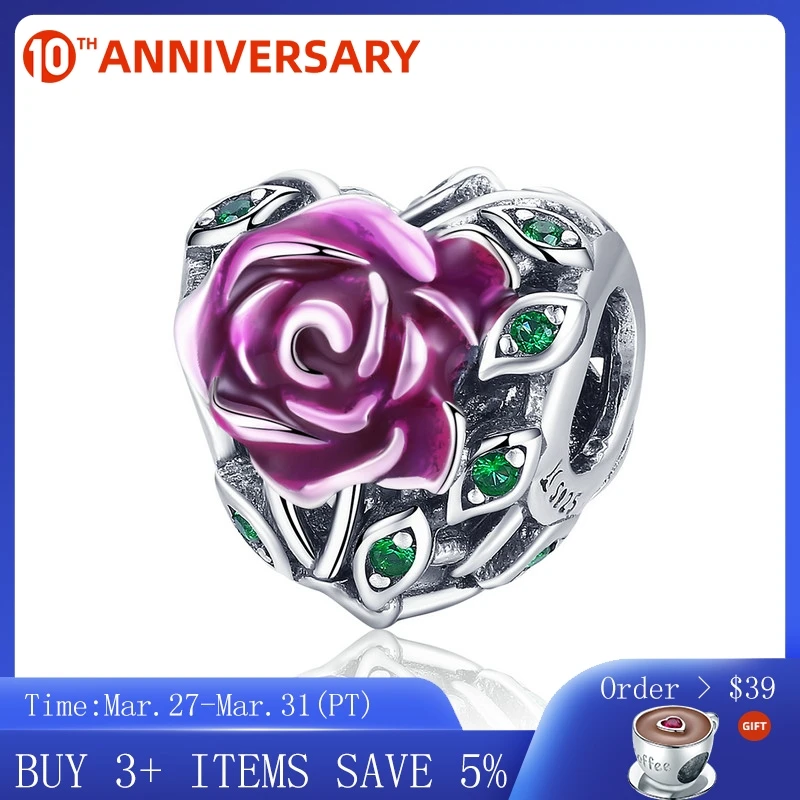 

CodeMonkey 925 Sterling Silver Romantic Rose Love Flower in Heart Shape Pink Enamel Charms Beads fit Bracelets DIY Jewelry C927