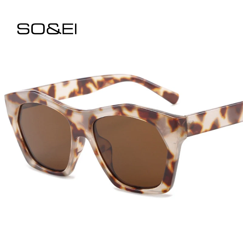 

SO&EI Retro Polygon Square Women Shades UV400 Leopard Champagne Sunglasses Fashion Men Candy Color Cat Eye Sun Glasses