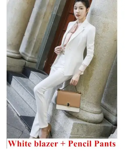 pantsuitwhite Модные черные и белые брюки костюмы для женщин новые формальные деловые с длинным рукавом широкие брюки Блейзер и брюки Офисная Женская рабочая одежда - Цвет: pantsuitwhite