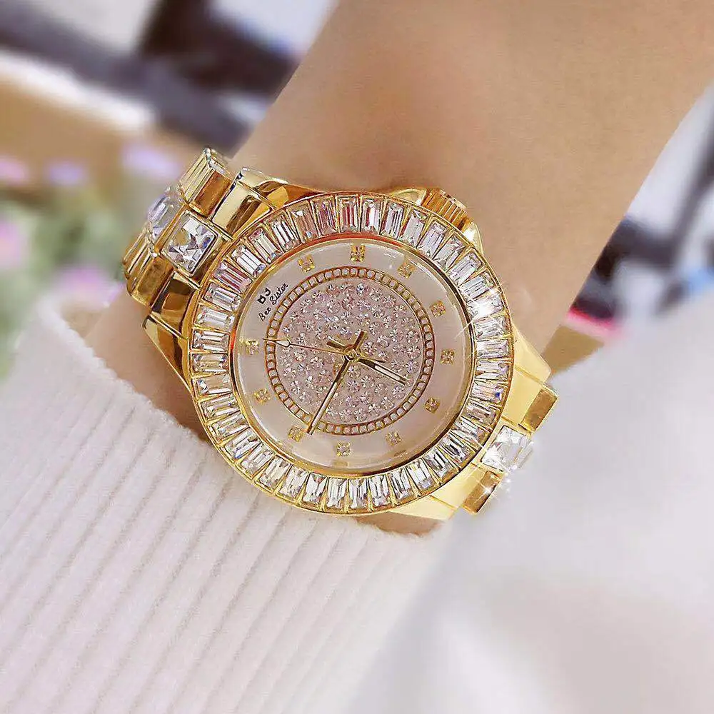 Модные часы для дам кварцевые часы с украшением в виде кристаллов, роскошный Для женщин Стразы часы женские часы, наручные часы с механизмом, Para Mujer Horloges Vrouwen - Цвет: gold 0629