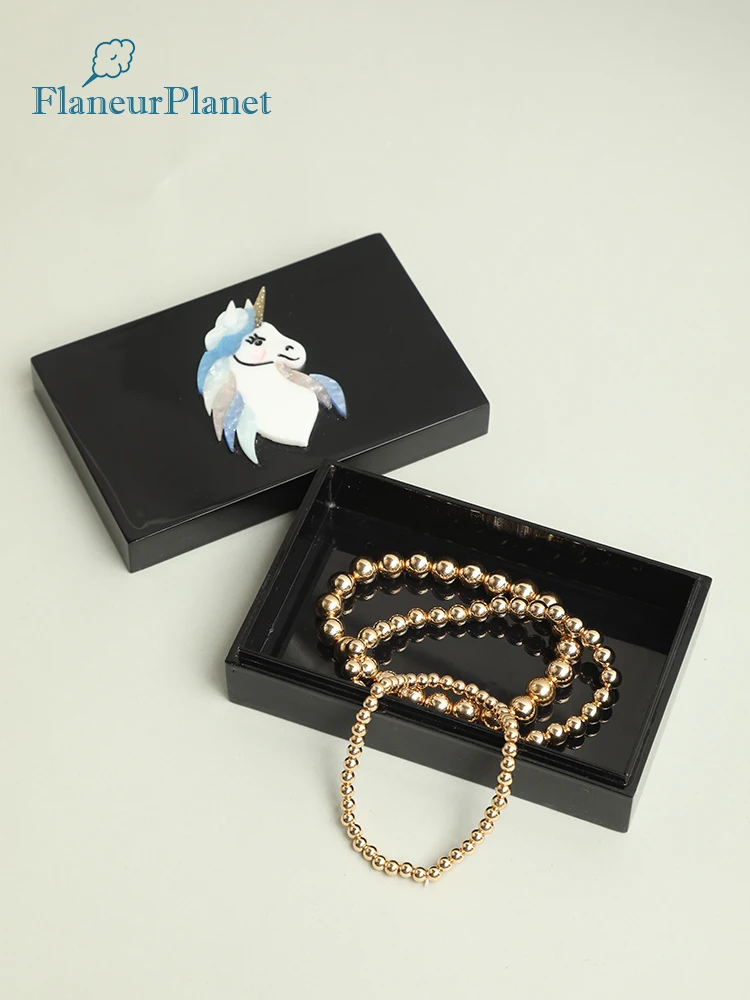 

FlaneurPlanet Delicate Black Acetate Trinket Box Unicorn Box Handmade