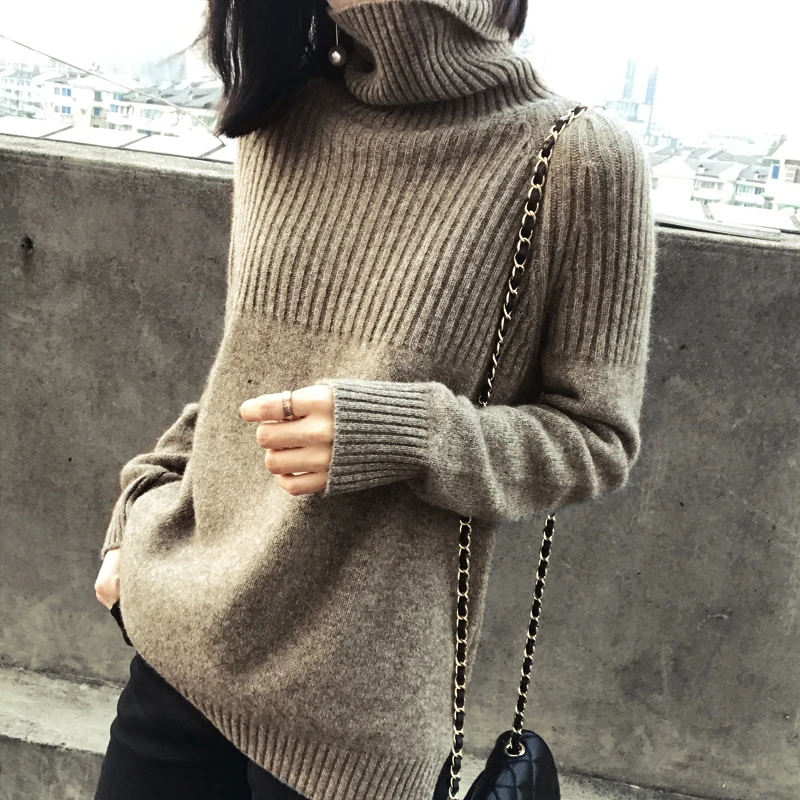 Зимний кашемировый свитер женский свободный ленивый шерстяной вязаный Высокий воротник большой размер сплошной цвет утолщение джемпер