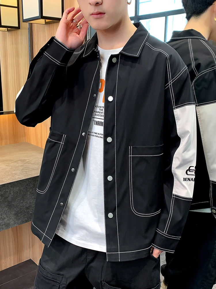 

New Men's Casual Lapel Single Breasted Coat Patchwork Jacket Size M-3XL Outwear B7