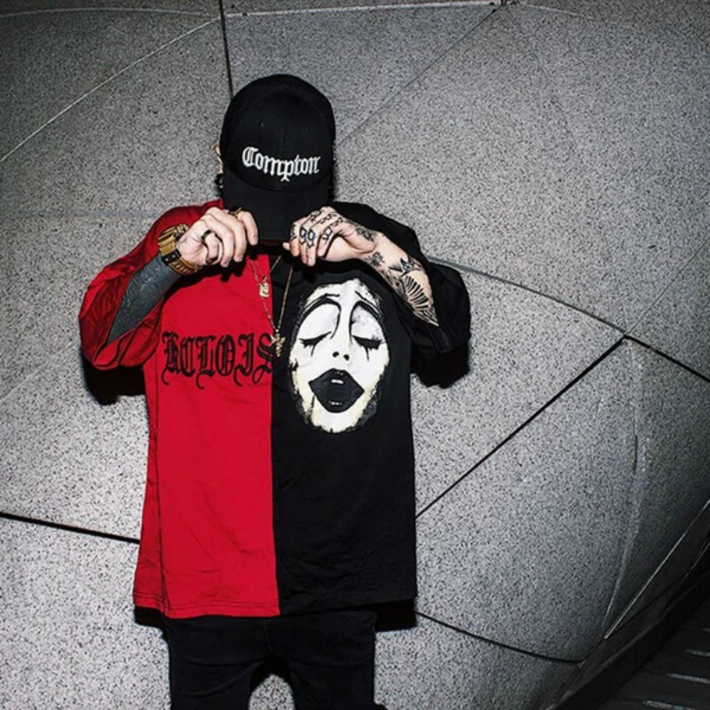 Harajuku BF Black-and-white Stitching Clown Short-sleeved Embroidery Collision Color Male and Female Couples Loose T-shirt