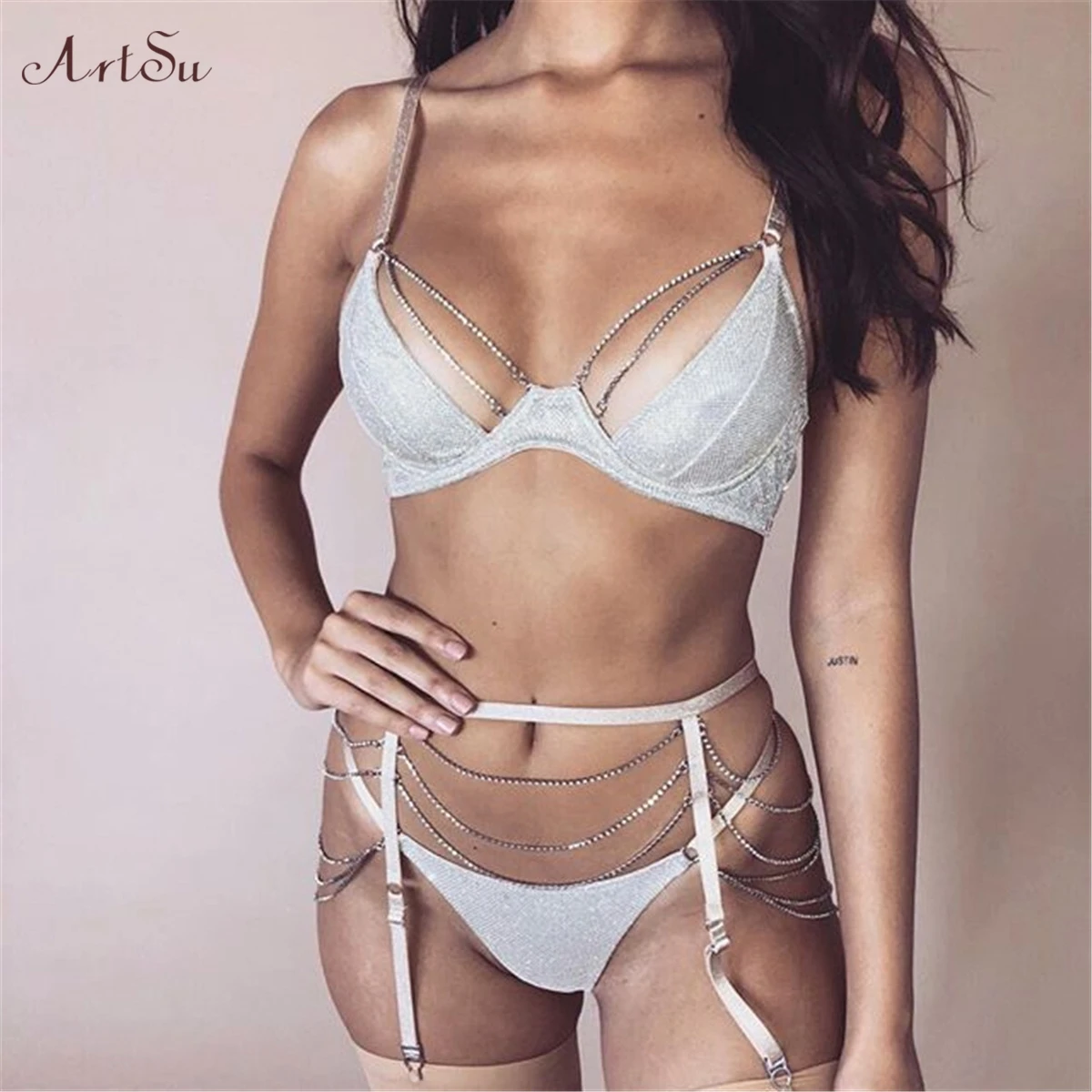 ArtSu,, стразы, комплект нижнего белья, комплект из 3 предметов, сексуальный бюстгальтер и трусики, без рукавов, с открытой спиной, Комплект трусов, нижнее белье, сверкающее, ASSU60406