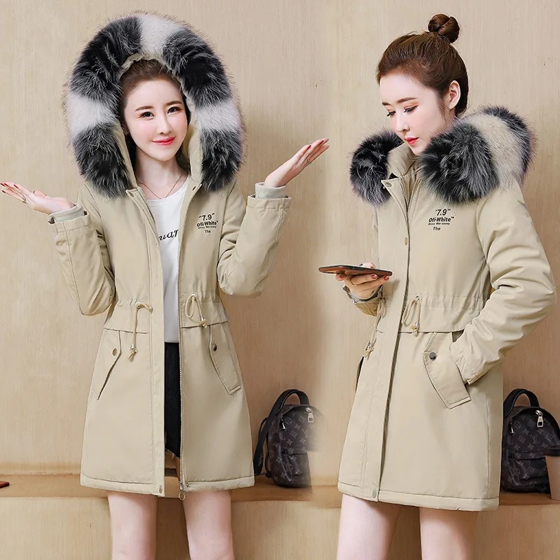 

Cotton Coat Women's 2019 New Style Thick plus Velvet Cotton Overcoat Mid-length Large Fur Collar Waist Hugging Hooded Students C