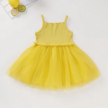 

New Comfortable Princess Dress Summer Girls Baby Mesh Patchwork Fashion Sleeveless Square Collar Strap Dresses Yellow#37