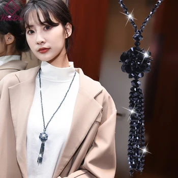 

Korean Graceful Crystal Ball Tassel Long Necklaces 2020 Autumn Winter New Strand Glass Beads Sweater Chain Jewelry on the Neck