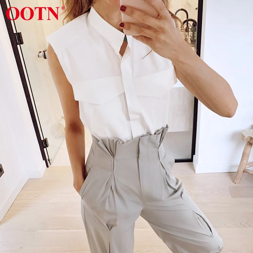 Womens Tops Blouses Padded Shoulder-Top Ootn-Stand-Collar Sleeveless Shirts Office Chic
