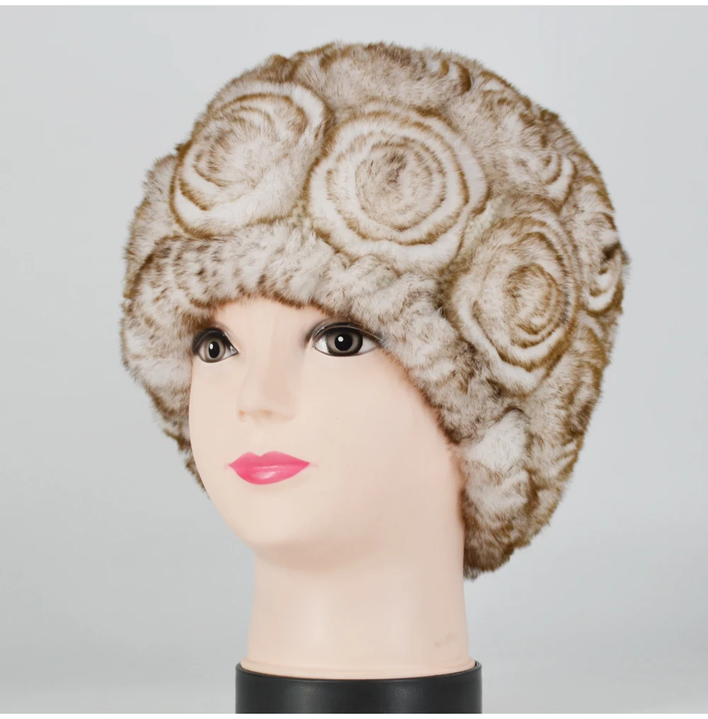 Winter Rex Rabbit Fur Hat Women Knitted Natural Rex Rabbit Fur Flowers Beanies Hats Warm Soft Real Rex Rabbit Fur Caps