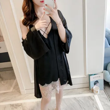 

Spring and summer women silk sexy lace Spaghetti nightgown / ice silk bathrobe home service pajamas set