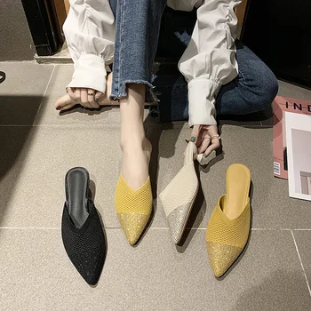 

Low Shoes Pointed Toe Beige Heeled Sandals Med Slippers Casual Slipers Women Flock Thin Heels Loafers Slides Black Luxury Cover