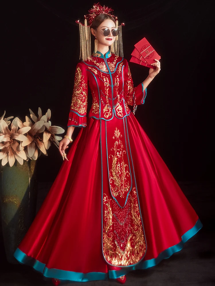 

Classic Chinese Style Wedding Dress Silk Retro Cheongsam High End Embroidered Marriage Suit Oriental Bride Clothing Red Qipao