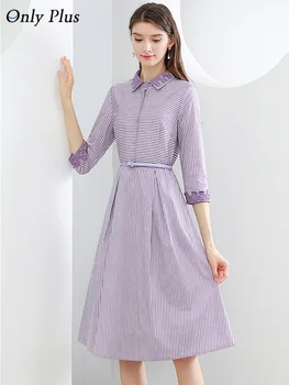 

Only Plus Vintage Stripe A-Line Dresses With Belt Fashion Elegant Office Ladies Shirt Dress Work Femme Vestidos Button 2020
