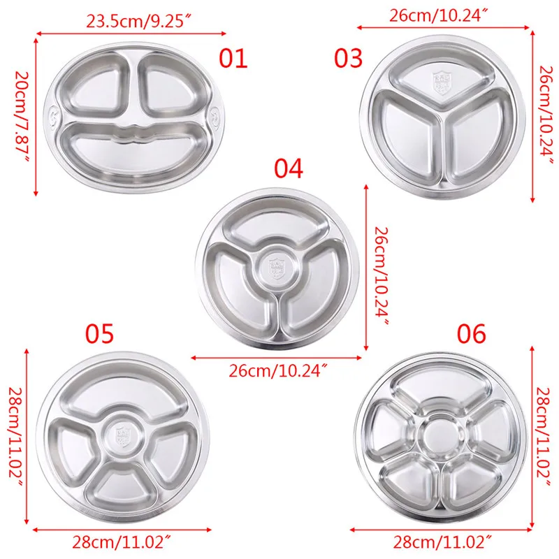 Круглый Нержавеющая сталь разделенная обеденная лоток для обеда контейнер Еда пластина для школьного питания 3/4/5/6 секций