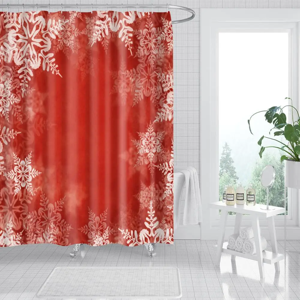 

Waterproof Thicken Red Christmas Snowflake Bathroom Shower Curtain Polyester Mildew Proof Bath Tub Curtain 12 pcs Hooks