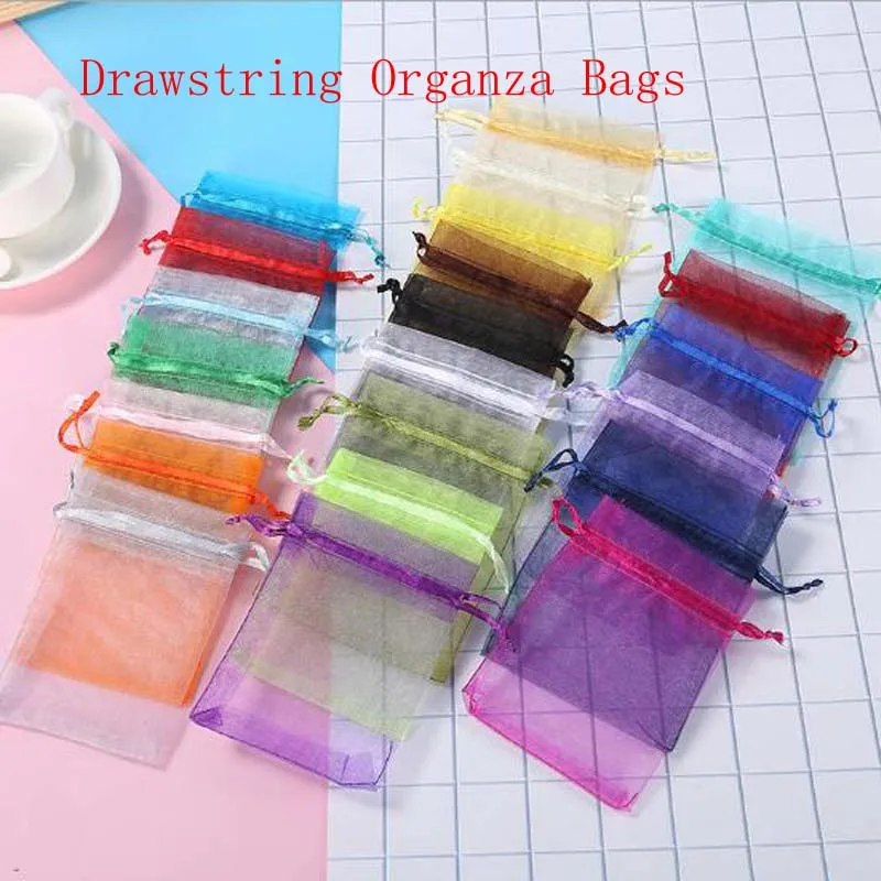 100pcs/Lot Organza Drawstring Bags 5x7 7x9 9x12 10x15cm Jewelry Packaging Bags Wedding Christmas Birthday Gift Packing Pouces