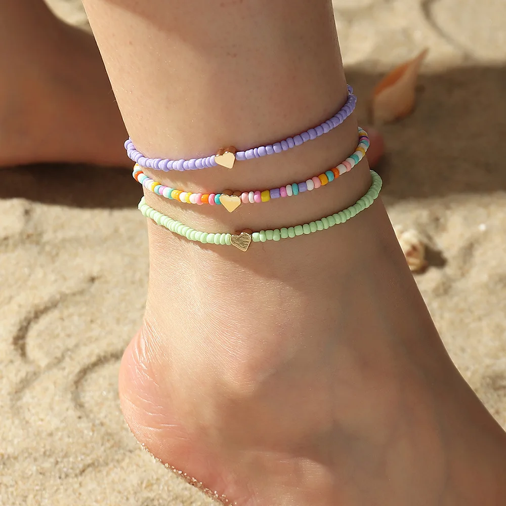 Bohemian Colorful Bead Anklet Sets For Women Summer Beach Handmade Elastic Strech Barefoot Ankle Bracelet On The Leg Gift