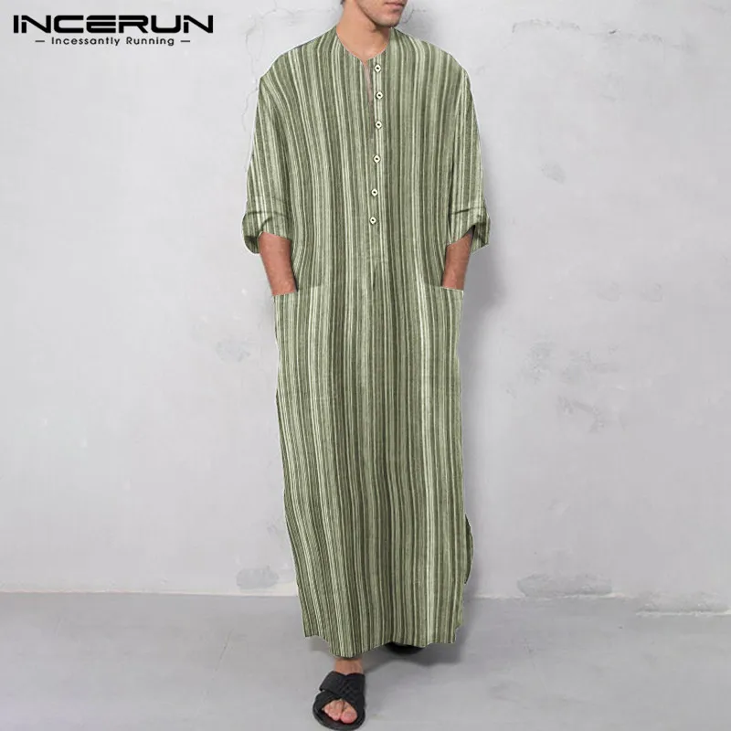 

Man Half Sleeve Striped Long Shirts Men Casual Long Robes Muslim Kaftan Shirts Summer Loose Cotton Pockets Jubba Thobe INCERUN 7