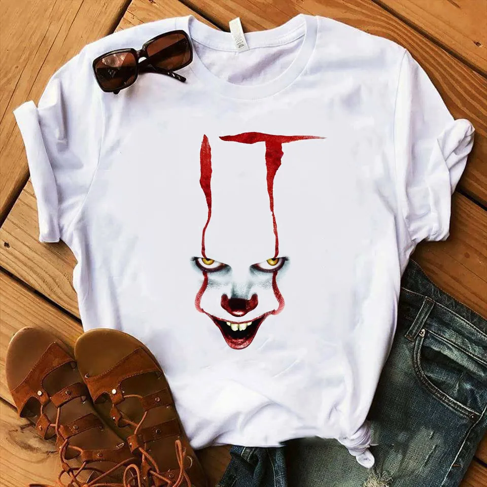 

Funny IT Movie T-Shirt femme 2019 Summer Hot Stephen King Printed Tshirt Clown Custom halloween Pennywise T shirt women Tops Tee