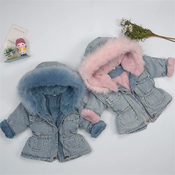 

MudiPanda 1-5Y Baby Girls Denim Plus Velvet Thicken Jacket for Children Clothes Winter 2020 New Kids Big Fur Collar Outwear Coat