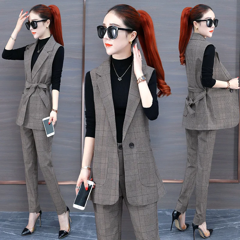 

Plaid Suit Waistcoat Women's 2019 Autumn New Style Korean-style Fashion Elegant Set Vest Coat Trousers Three-piece Set