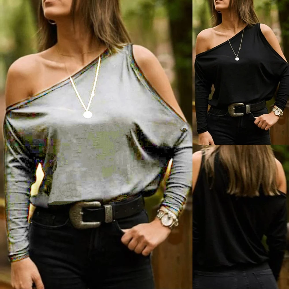 

One Shoulder Long Sleeve Black Tshirts Woman 2020 Fashion Summer Tops Tee For Women Solid Basic Clothing Female ropa mujer D30