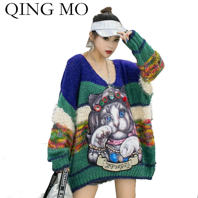 

QING MO Cat Printed Women Sweater 2020 Spring Women Striped Knitted Sweater Streetwear Pullovers Sweater High Quality ZQY1682