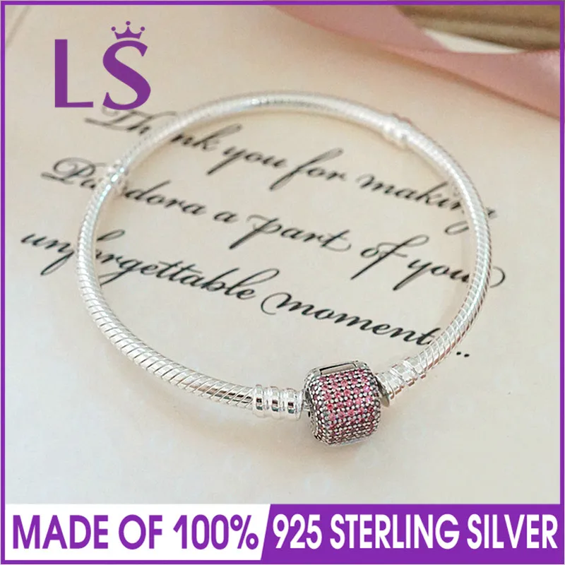LS высокое качество 925 Серебряный фирменный браслет с застежкой, причудливый фиолетовый CZ& прозрачный CZ для женщин подходит для оригинальных бусин Шарм W