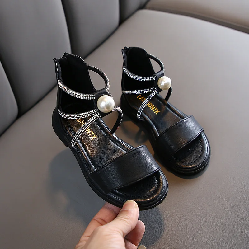 

Children Summer Princess Pearl Beach Sandals Medium Big Kids Girls Open Toe Rhinestone Roman Shoes Casual Crystal Leather Flats