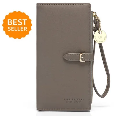 gray ELVASEK New Women's Wallet Fashion Solid Color Mobile Phone Bag Long Zipper Large Capacity Clutch - Цвет: gray
