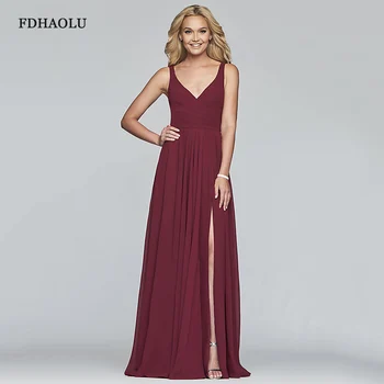 

AE76 Sexy Long Evening Dresses A-line V-Neck Sleeveless Chiffon High Split Burgundy Evening Gown Prom Party Dress