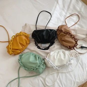 

New 2020 new fashion female bag fold luxury single shoulder messenger bag solid color soft leather chain portable dumpling bag