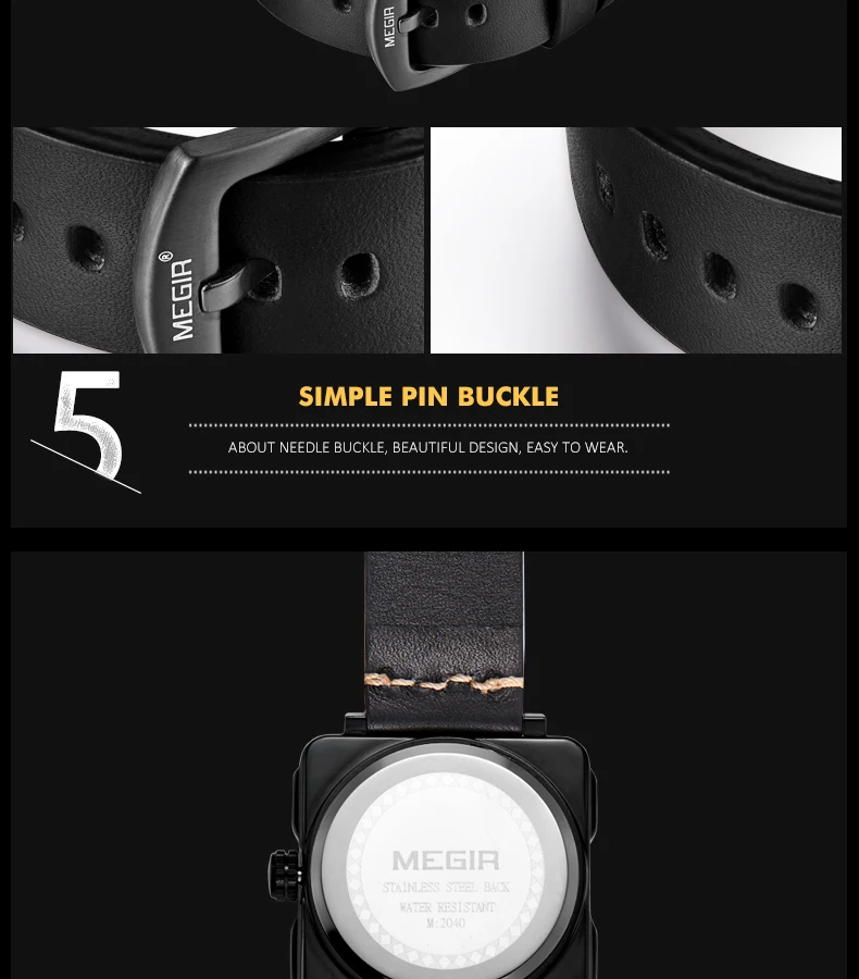 Megir мужской квадратный аналоговый диск кожаный ремешок водонепроницаемые кварцевые наручные часы с календарем Дата деловые часы прямоугольник 2040