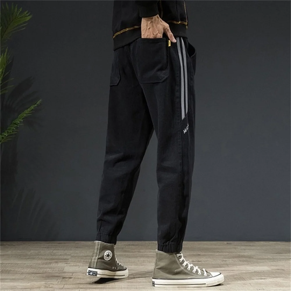 EH·MD® Elastic Waist Tie Jeans Men's Binding Feet High Elasticity Large Size Embroidered Word Art 3D Double Line Pants Thick New