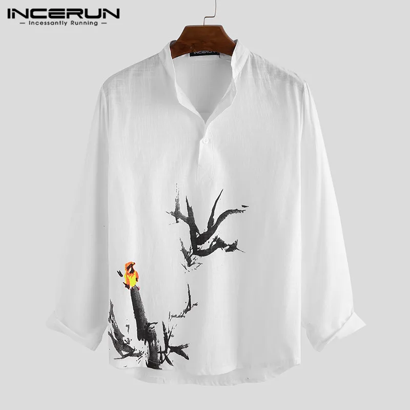 INCERUN Cotton Men Shirts Chinese Style Ink Painting Printed Long Sleeve Stand Collar Blouse Vintage Men Casual Brand Shirt 2020 INCERUN Cotton Men Shirts Chinese Style Ink Painting Printed Long Sleeve Stand Collar Blouse Vintage Men Casual Brand Shirt 2020
