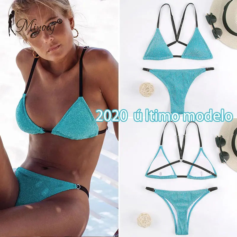 

Lurex Fabric Bikini Solid Triangular Bodice Cross String Swimsuit Bling Glitter Women Bathing Suit Thong Bikini Set Swimwear