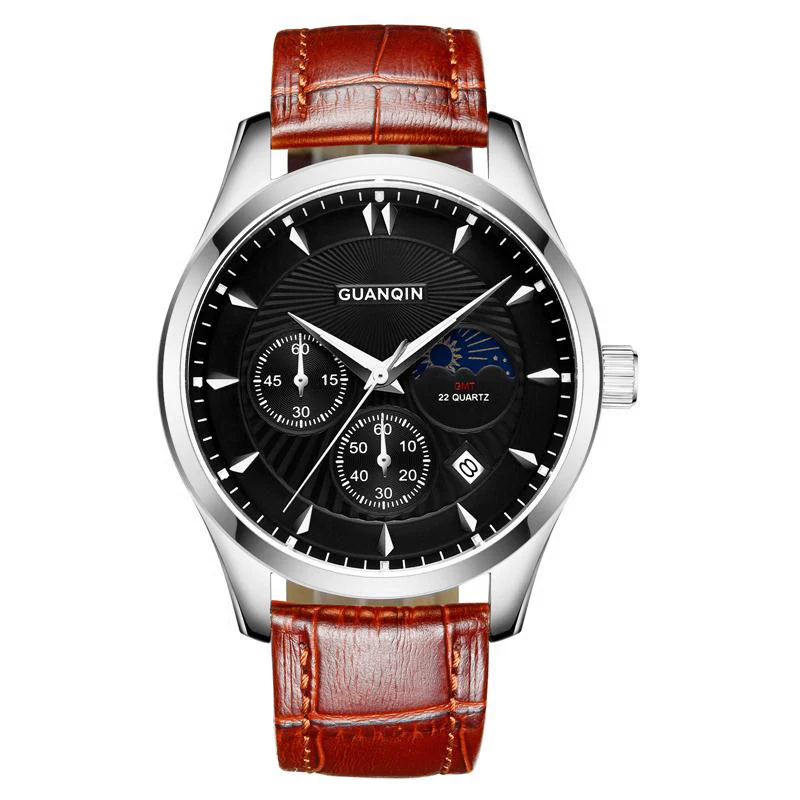GUANQIN GQ80069 Moon phase GMT Лидирующий бренд часы для мужчин Новая мода мужской водонепроницаемый кожаный ремешок наручные часы Reloj Hombre - Цвет: Белый