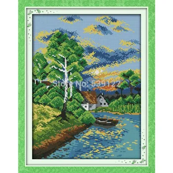 

Sunset On The River! DIY Needlework Sets to Sew 11CT 14CT DMC Counted Cross Stitch Sets for Embroidery Free Knitting Needles