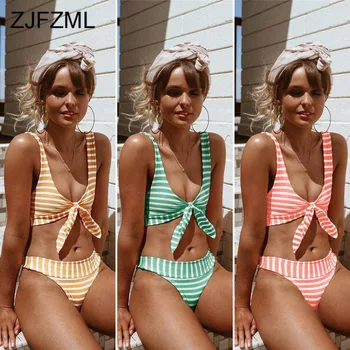 

Striped Patchwork Summer Two Piece Set Swimwear Women Bow Tie V Neck Sleeveless Crop Top And Panties Casual 2 Piece Swimsuits