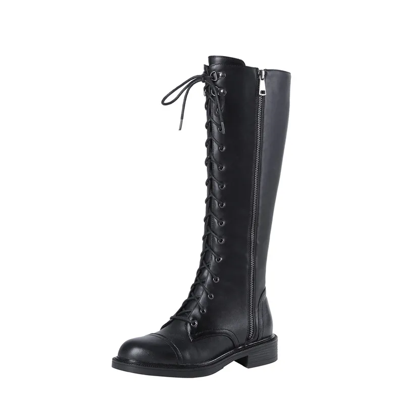 black with fur MoonMeek/размер 34-40; модные ботинки из натуральной кожи pu+ женские сапоги до колена на среднем каблуке с круглым носком Женские ботинки в байкерском стиле; - Цвет: black with fur