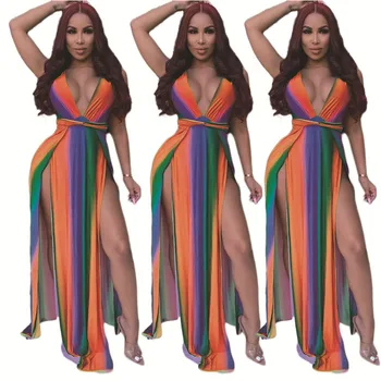 

Summer Womens Dress Polyester Fabric Vacation BeachDre Sleeveless High Split Sexy Deep V-neck Rainbow Striped Dress Multicolor