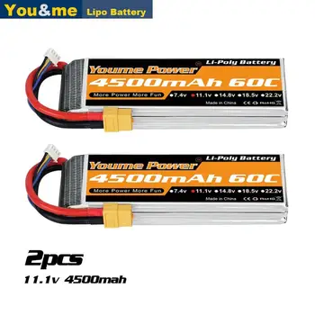 

2pcs Youme 3S Lipo Battery 11.1V 4500mAh 50C T plug for 1/10 1/12 Scale Car with T Plug for RC Car Heli Quad Drone Airplane Boat