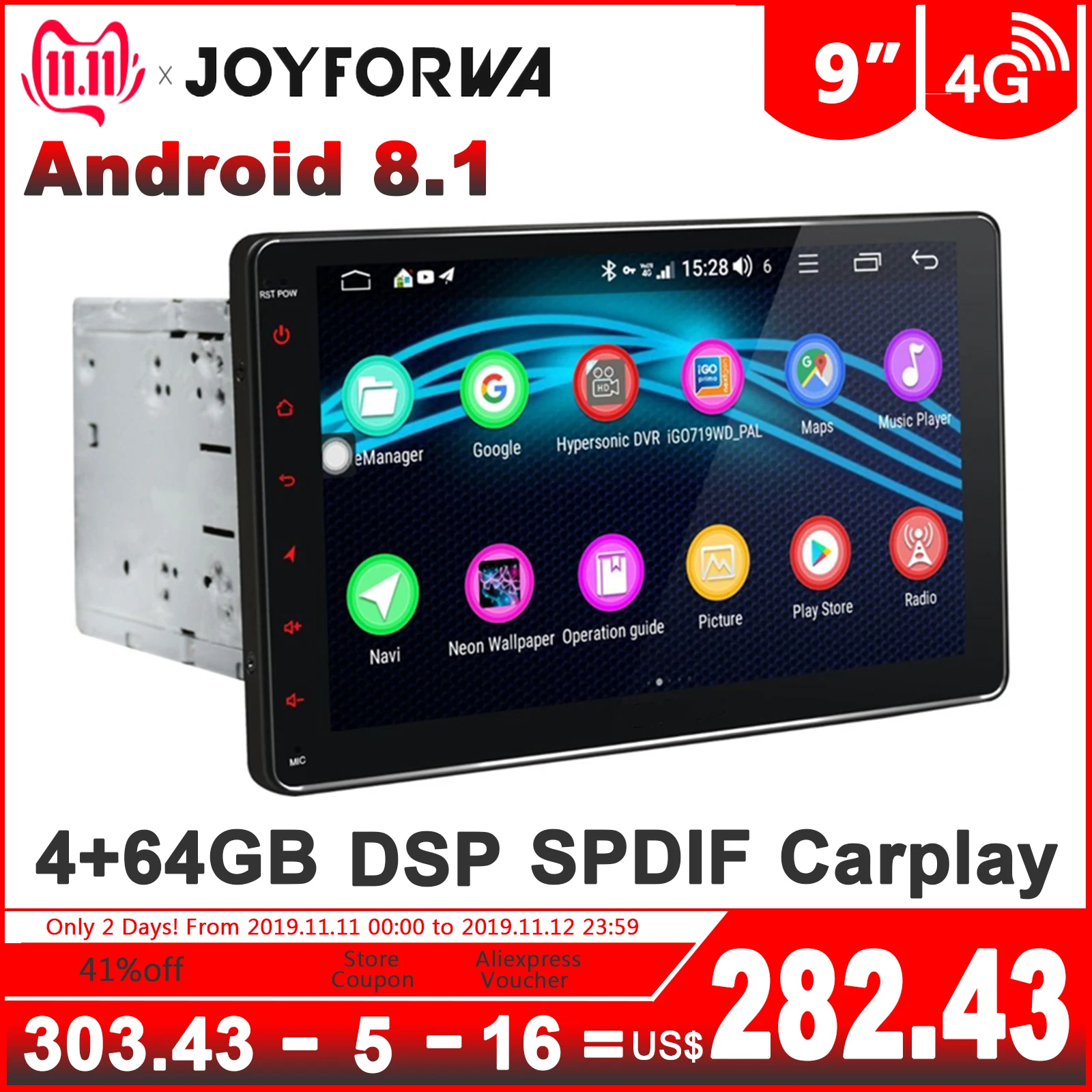 

Carplay DSP 9" 2Din Android 8.1 Car Multimedia Radio SPDIF Subwoofer Stereo WiFi 4G SIM DVR OBD DAB+ TPMS Bluetooth Head Unit